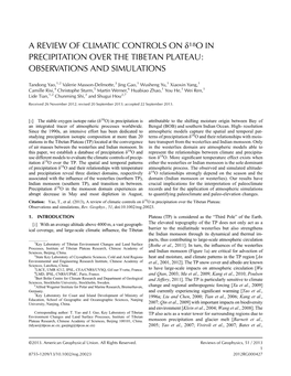 A Review of Climatic Controls on 18O in Precipitation Over the Tibetan Plateau