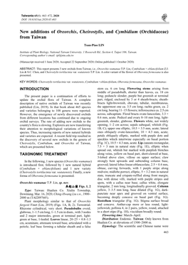 New Additions of Oreorchis, Cheirostylis, and Cymbidium (Orchidaceae) from Taiwan