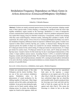 Stridulation Frequency Dependence on Music Genre in Acheta Domesticus (Linnaeus)(Orthoptera: Gryllidae)