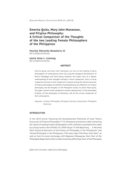 Emerita Quito, Mary John Mananzan, and Filipina Philosophy: a Critical Comparison of the Thoughts of the Two Leading Female Philosophers of the Philippines