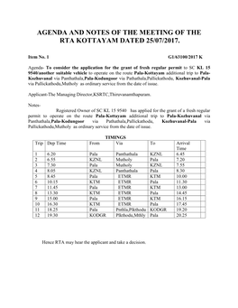 Agenda and Notes of the Meeting of the Rta Kottayam Dated 25/07/2017