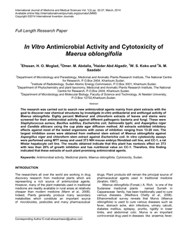 In Vitro Antimicrobial Activity and Cytotoxicity of Maerua Oblongifolia
