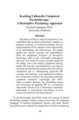 Teaching Culturally Competent Psychotherapy: a Descriptive Psychology Approach Fernand Lubuguin, Ph.D