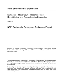 Initial Environmental Examination NEP: Earthquake Emergency