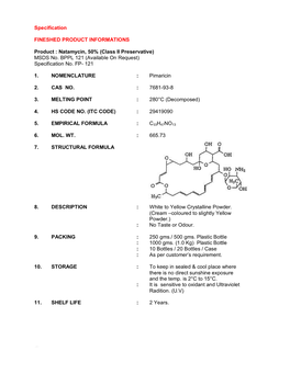 Natamycin, 50% (Class II Preservative) MSDS No. BPPL 121 (Available on Request) Specification No