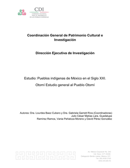 Pueblos Indígenas De México En El Siglo XXI. Otomí. Estudio General Al Pueblo Otomí