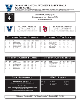 2020-21 Villanova Women's Basketball Game Notes Game 2020-21 Results