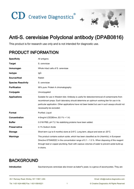 Anti-S. Cerevisiae Polyclonal Antibody (DPAB0816) This Product Is for Research Use Only and Is Not Intended for Diagnostic Use