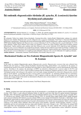 İki Endemik Rhaponticoides Türünün (R. Aytachıı, R. Iconiensis) Üzerine Biyokimyasal Çalışmalar