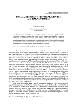 Romanian Seismology – Historical, Scientific and Human Landmarks