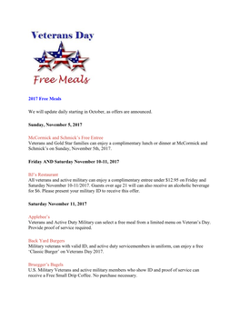 2017 Free Meals We Will Update Daily Starting in October, As Offers Are