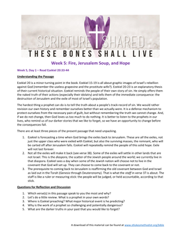 Week 5: Fire, Jerusalem Soup, and Hope Week 5, Day 1 – Read Ezekiel 20:33-44 Understanding the Passage Ezekiel 20 Is a Minor Turning Point in the Book