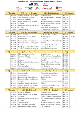 1ª Jornada S/D – 20 Y 21 De Marzo S/D – 19 Y 20 De Junio 16ª Jornada