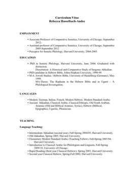 Curriculum Vitae Rebecca Hasselbach-Andee