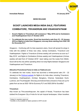 Scoot Launches Mega India Sale, Featuring Coimbatore, Trivandrum and Visakhapatnam