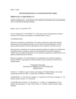 Bm N° 14288 Municipalidad De La Ciudad De Buenos Aires Ordenanza Nº 26607/Mcba/?/72 Norma Derogada