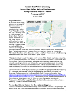 Hudson River Valley Greenway Hudson River Valley National Heritage Area Acting Executive Director’S Report February 1, 2017 Scott Keller