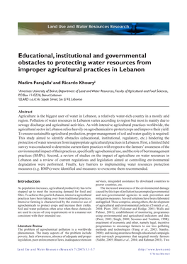 Educational, Institutional and Governmental Obstacles to Protecting Water Resources from Improper Agricultural Practices in Lebanon
