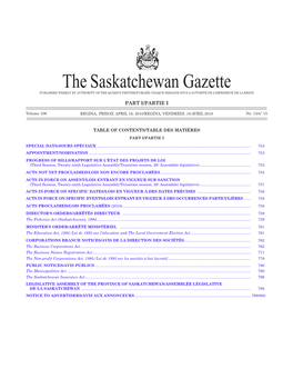 Sask Gazette, Part I, April 16, 2010