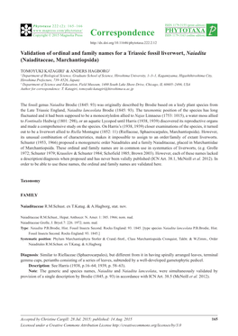 Validation of Ordinal and Family Names for a Triassic Fossil Liverwort, Naiadita (Naiaditaceae, Marchantiopsida)