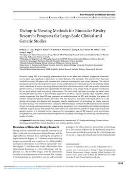 Dichoptic Viewing Methods for Binocular Rivalry Research: Prospects for Large-Scale Clinical and Genetic Studies