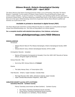 Ottawa Branch, Ontario Genealogical Society BOOK LIST – April 2019