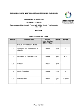 CAMBRIDGESHIRE & PETERBOROUGH COMBINED AUTHORITY Wednesday, 28 March 2018 10:30A.M. – 12:30P.M. Peterborough City Council