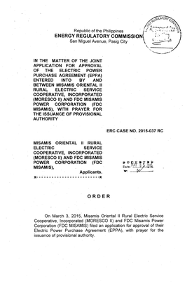 Order, ERC Case No. 2015-037 RC