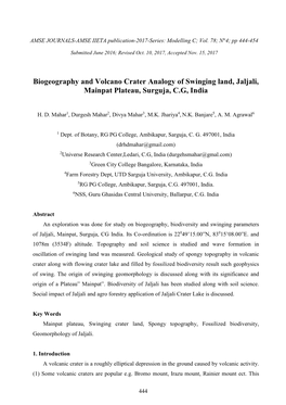 Biogeography and Volcano Crater Analogy of Swinging Land, Jaljali, Mainpat Plateau, Surguja, C.G, India
