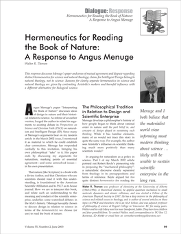 Hermeneutics for Reading the Book of Nature: a Response to Angus Menuge