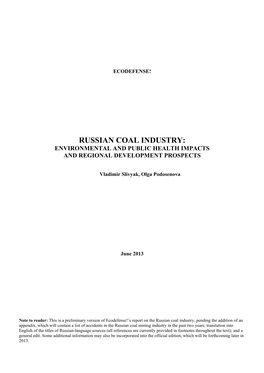 Russian Coal Industry: Environmental and Public Health Impacts and Regional Development Prospects