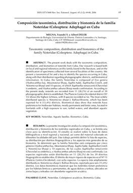 Composición Taxonómica, Distribución Y Bionomía De La Familia Noteridae (Coleoptera: Adephaga) En Cuba