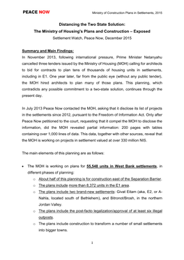 Distancing the Two State Solution: the Ministry of Housing's Plans and Construction – Exposed Settlement Watch, Peace Now, December 2015