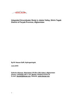 Integrated Groundwater Study in Jalaier Valley, Shirin Tagab District of Faryab Province, Afghanistan