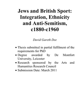 Jews and British Sport: Integration, Ethnicity and Anti-Semitism, C1880-C1960