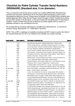 Checklist for Pathé Cylinder Transfer Serial Numbers: ORDINAIRE (Standard Size, 5 Cm Diameter)