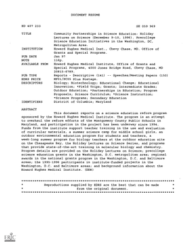 Holiday Lectures on Science (December 9-10, 1996). Precollege Science Education Initiatives in the Washington, DC, Metropolitan Area