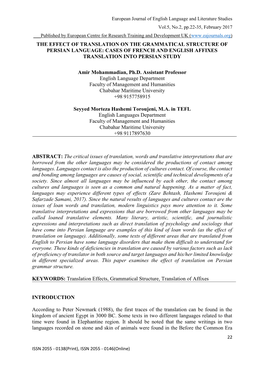 The Effect of Translation on the Grammatical Structure of Persian Language: Cases of French and English Affixes Translation Into Persian Study