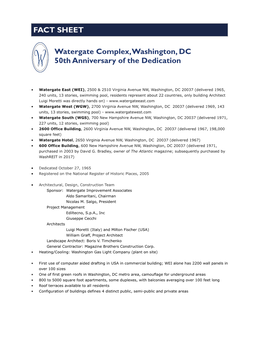 Watergate Complex, Washington, DC 50Th Anniversary of the Dedication FACT SHEET