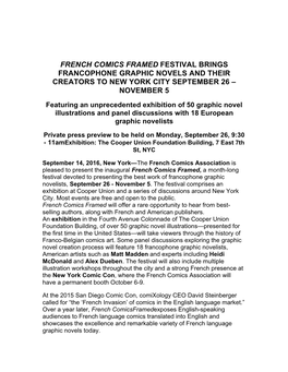 French Comics Framed Festival Brings Francophone Graphic Novels and Their Creators to New York City September 26 – November 5