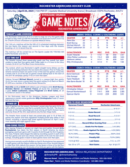 Rochester Americans Hockey Club Tonight's Game Overview Head-To-Head Breakdown Finn-Ishing Touch 2020-21 Amerks Overall Scorin
