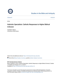 Catholic Responses to Higher Biblical Criticism