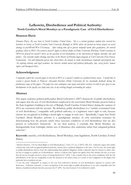 Lefkowitz, Disobedience and Political Authority: North Carolina’S Moral Mondays As a Paradigmatic Case of Civil Disobedience