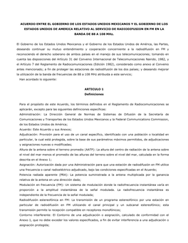 ESTADOS UNIDOS MEXICANOS Y EL GOBIERNO DE LOS ESTADOS UNIDOS DE AMERICA RELATIVO AL SERVICIO DE RADIODIFUSION EN FM EN LA BANDA DE 88 a 108 Mhz