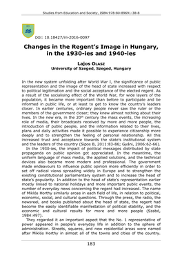 Changes in the Regent's Image in Hungary, in the 1930-Ies and 1940