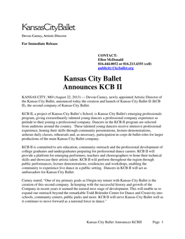 August 22, 2013 Kansas City Ballet Announces KCB II