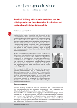 Friedrich Walburg – Ein Bremischer Lehrer Und Ar- Chäologe Zwischen Demokratischer Schulreform Und Nationalsozialistischer Kulturpolitik
