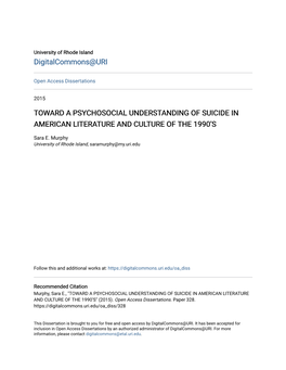 Toward a Psychosocial Understanding of Suicide in American Literature and Culture of the 1990’S