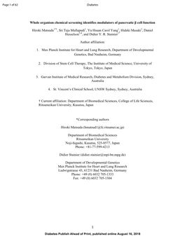 1 Whole Organism Chemical Screening Identifies Modulators of Pancreatic Β Cell Function Hiroki Matsuda1*†, Sri Teja Mullapudi