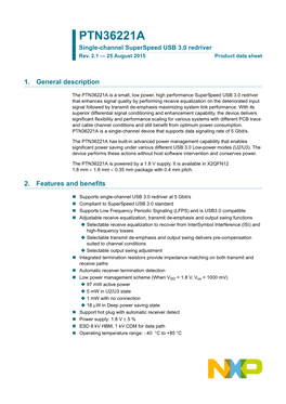 PTN36221A Single-Channel Superspeed USB 3.0 Redriver Rev